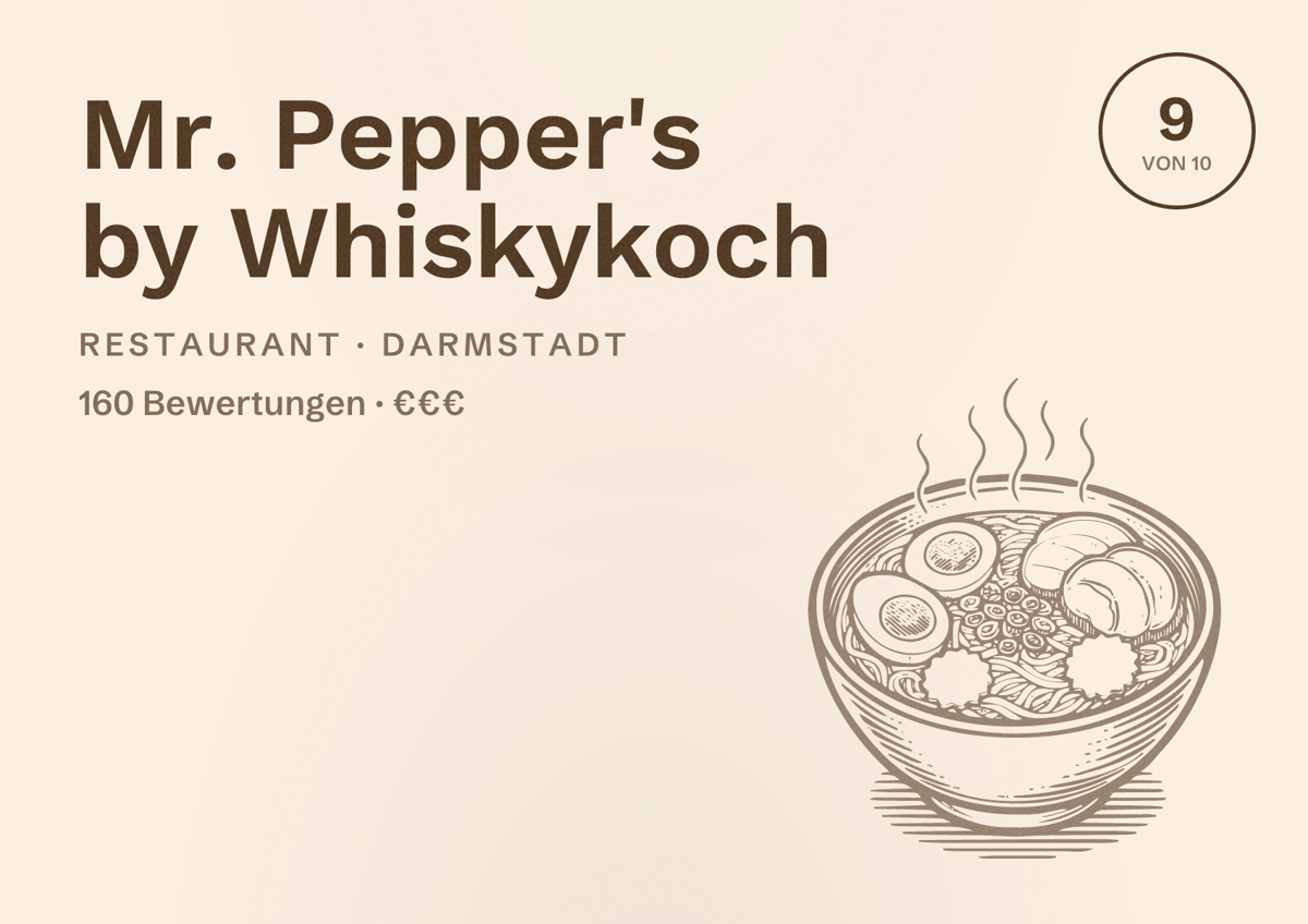 Illustriertes Poster von Mr. Pepper's by Whiskykoch, Restaurant in Darmstadt: Bewertung 9 von 10 aus 160 Bewertungen, Preisniveau €€€