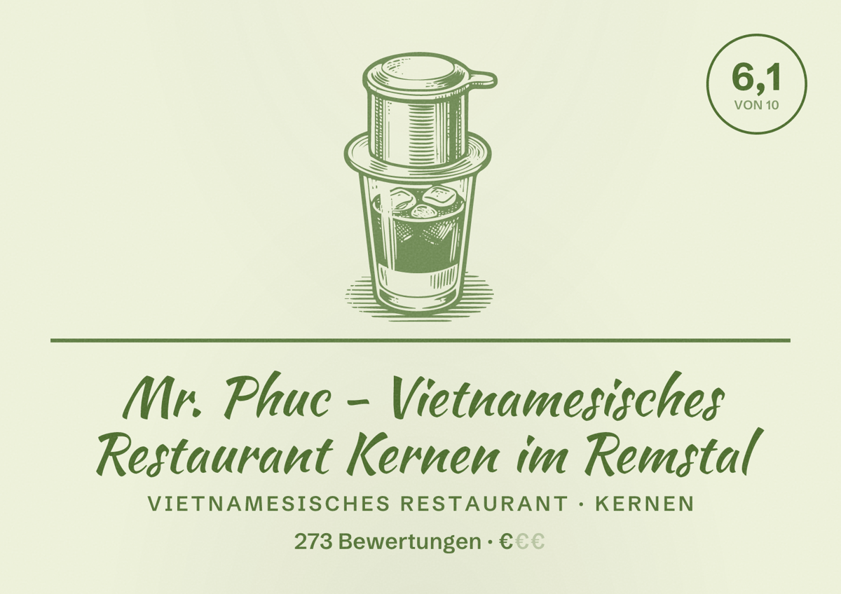 Illustriertes Poster von Mr. Phuc - Vietnamesisches Restaurant Kernen im Remstal, Vietnamesisches Restaurant in Kernen: Bewertung 6,1 von 10 aus 273 Bewertungen, Preisniveau €