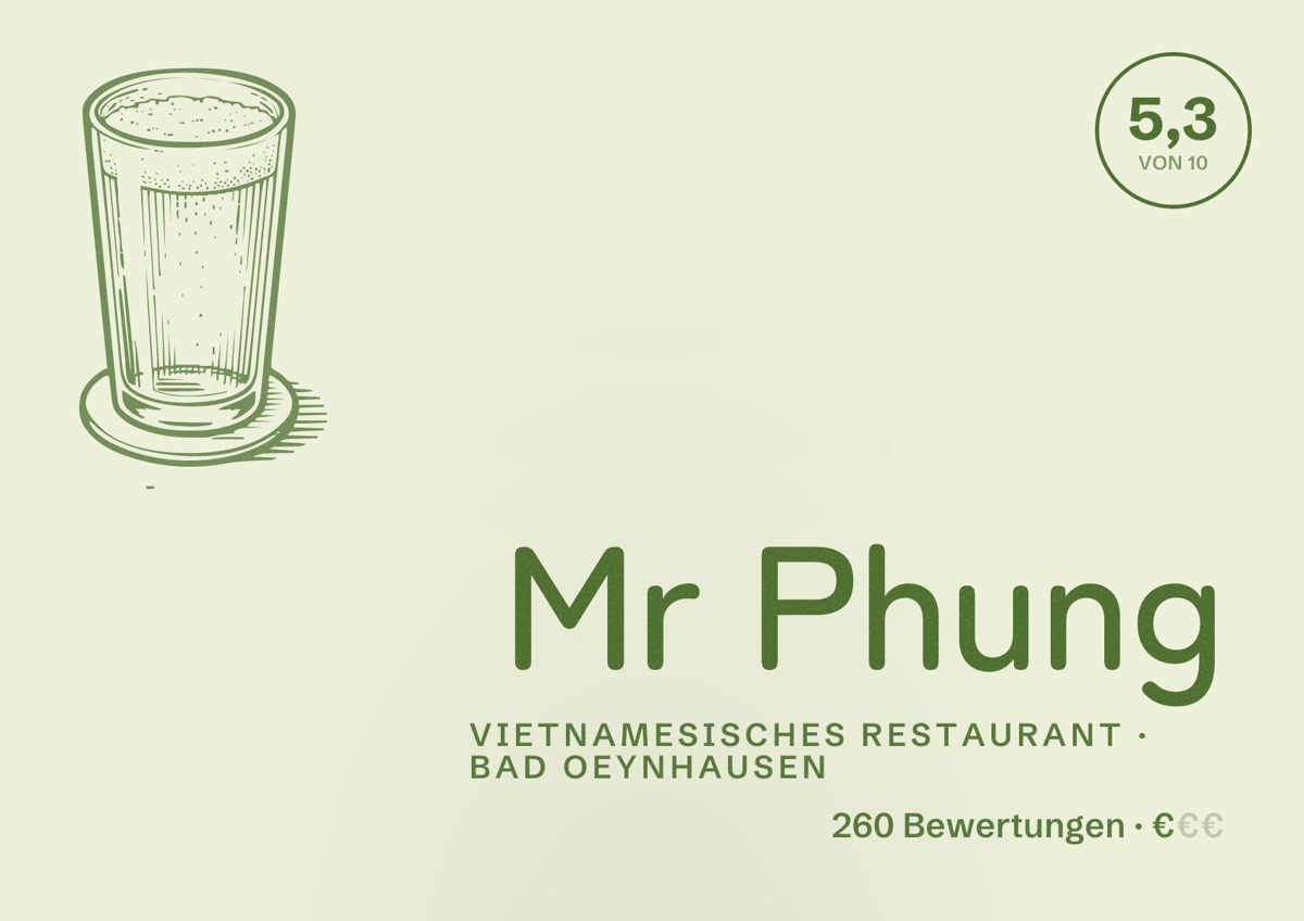 Illustriertes Poster von Mr Phung, Vietnamesisches Restaurant in Bad Oeynhausen: Bewertung 5,3 von 10 aus 260 Bewertungen, Preisniveau €