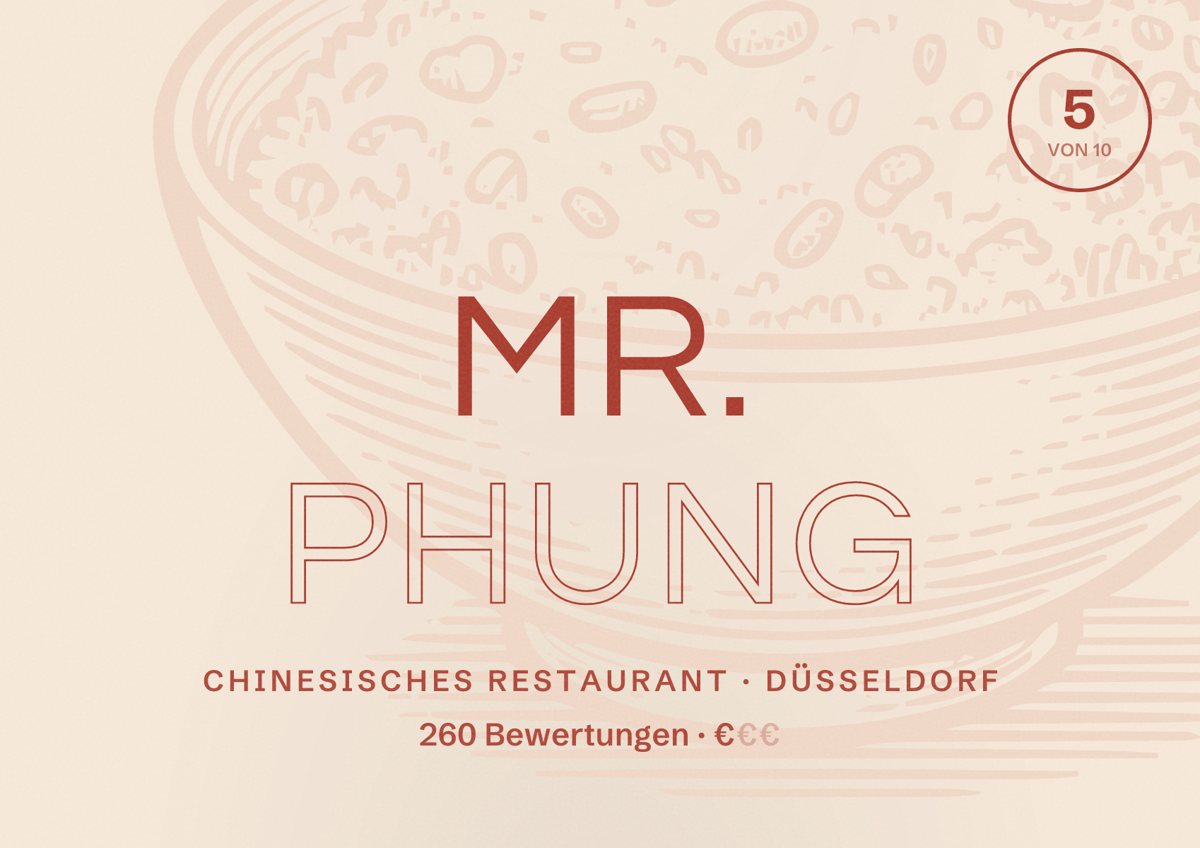 Illustriertes Poster von Mr. Phung, Chinesisches Restaurant in Düsseldorf: Bewertung 5,0 von 10 aus 260 Bewertungen, Preisniveau €