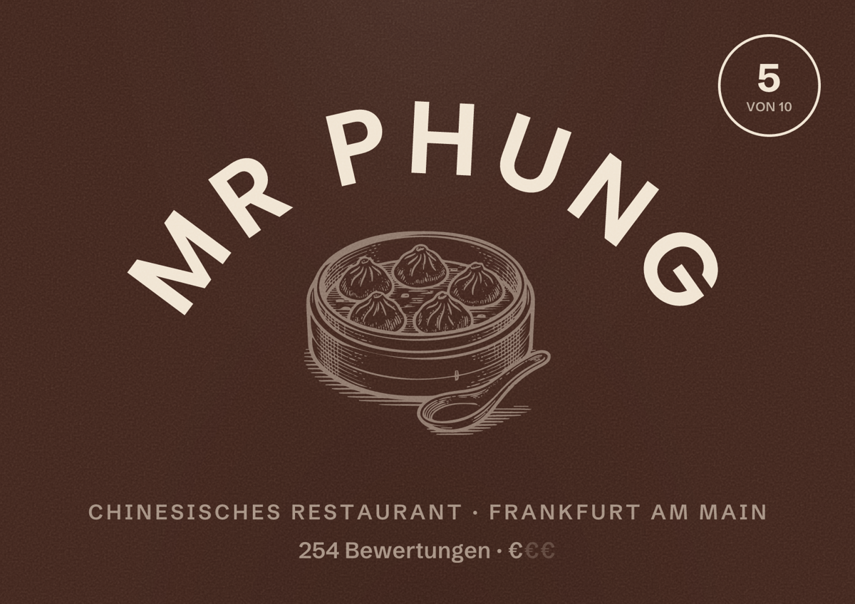 Illustriertes Poster von MR PHUNG, Chinesisches Restaurant in Frankfurt am Main: Bewertung 5,0 von 10 aus 254 Bewertungen, Preisniveau €