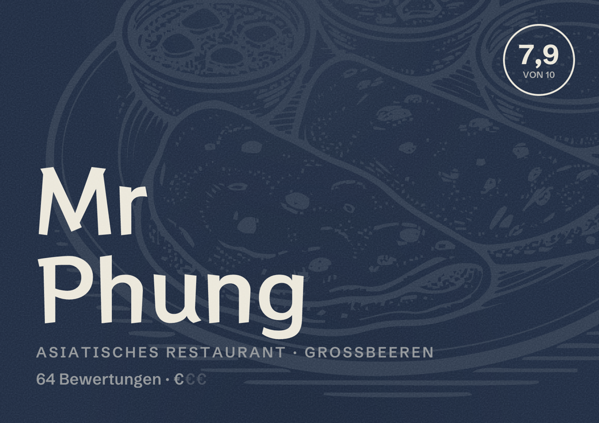 Illustriertes Poster von Mr Phung, Asiatisches Restaurant in Großbeeren: Bewertung 7,9 von 10 aus 64 Bewertungen, Preisniveau €