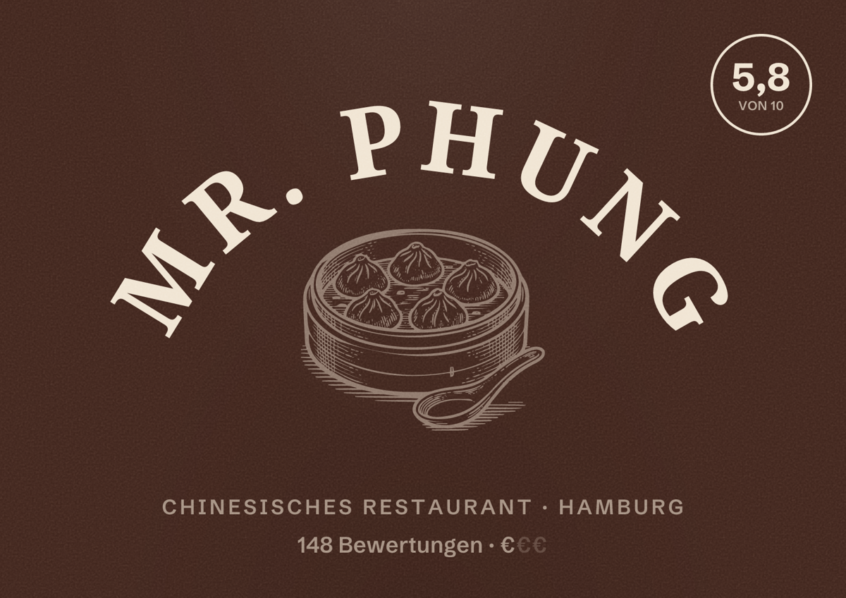 Illustriertes Poster von Mr. Phung, Chinesisches Restaurant in Hamburg: Bewertung 5,8 von 10 aus 148 Bewertungen, Preisniveau €