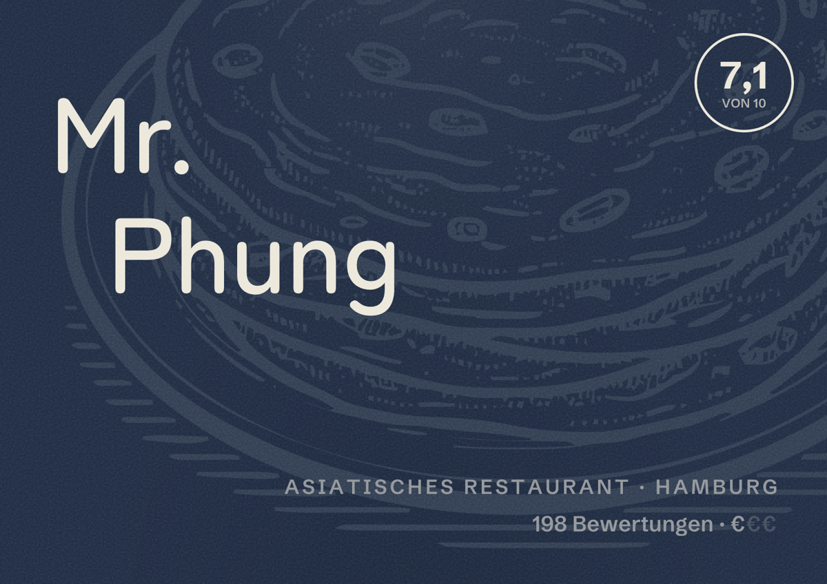 Illustriertes Poster von Mr. Phung, Asiatisches Restaurant in Hamburg: Bewertung 7,1 von 10 aus 198 Bewertungen, Preisniveau €