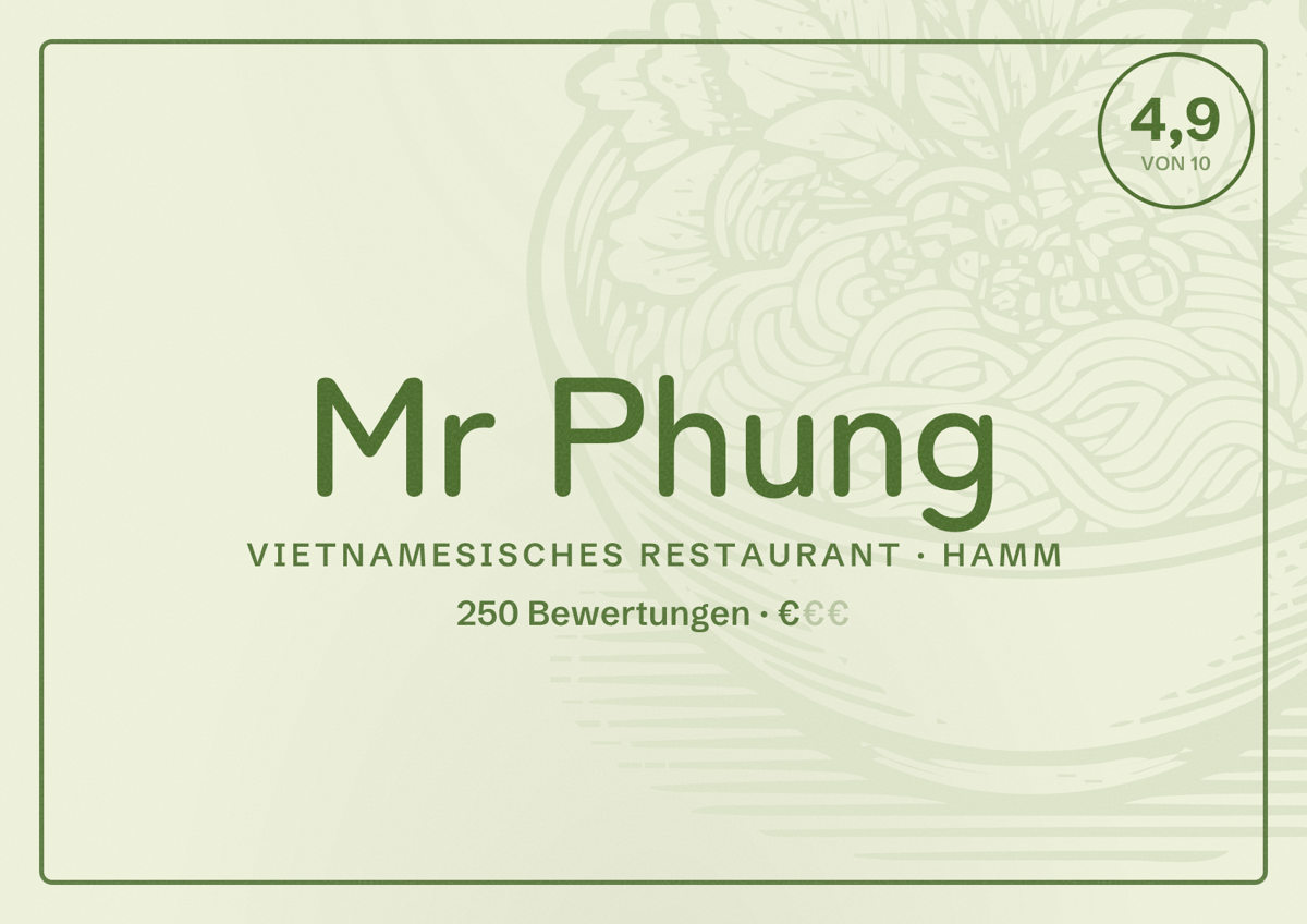 Illustriertes Poster von Mr Phung, Vietnamesisches Restaurant in Hamm: Bewertung 4,9 von 10 aus 250 Bewertungen, Preisniveau €