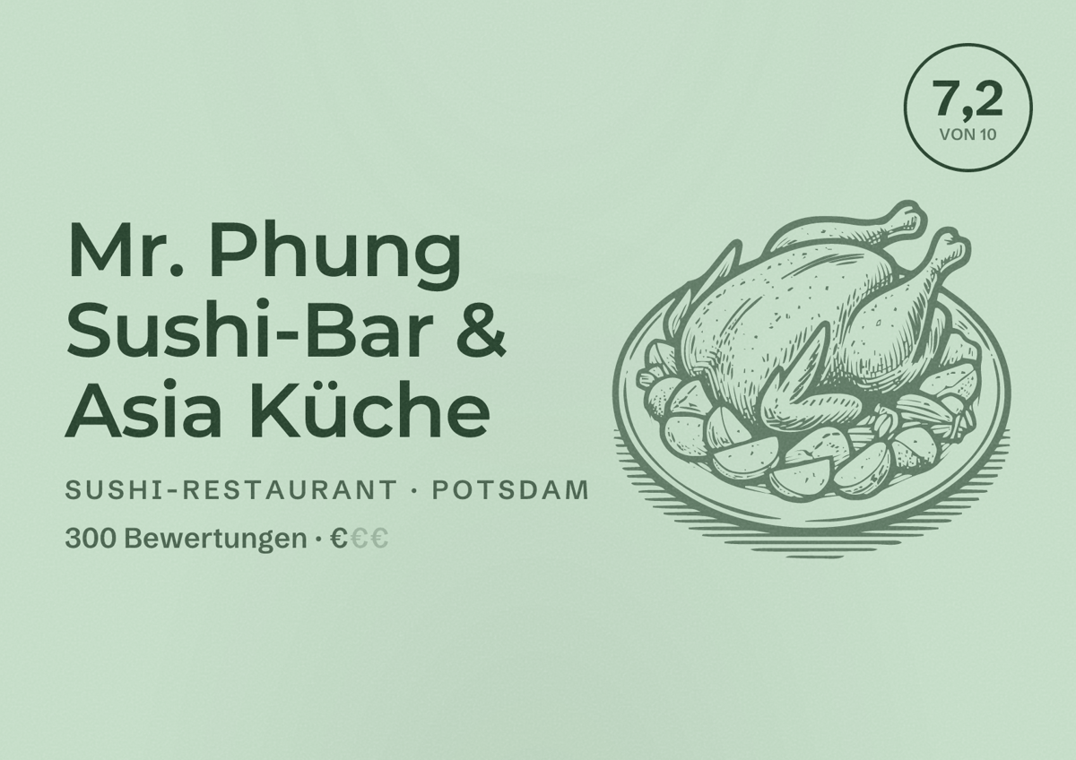 Illustriertes Poster von Mr. Phung Sushi-Bar & Asia Küche, Sushi-Restaurant in Potsdam: Bewertung 7,2 von 10 aus 300 Bewertungen, Preisniveau €
