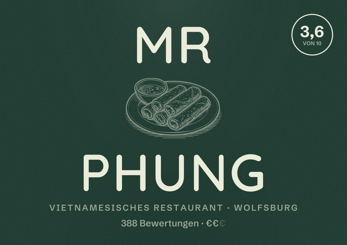 Illustriertes Poster von Mr Phung, Vietnamesisches Restaurant in Wolfsburg: Bewertung 3,6 von 10 aus 388 Bewertungen, Preisniveau €€