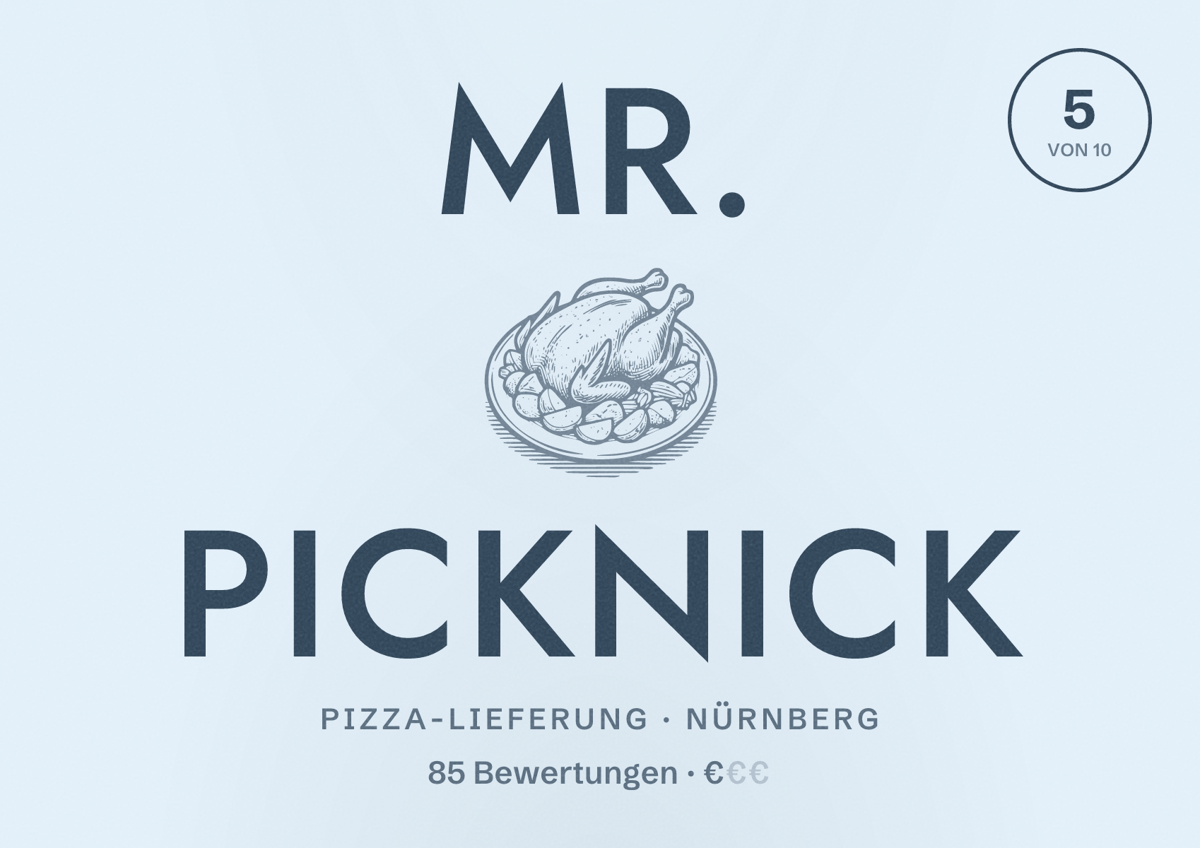 Illustriertes Poster von Mr. Picknick, Pizza-Lieferung in Nürnberg: Bewertung 5 von 10 aus 85 Bewertungen, Preisniveau €