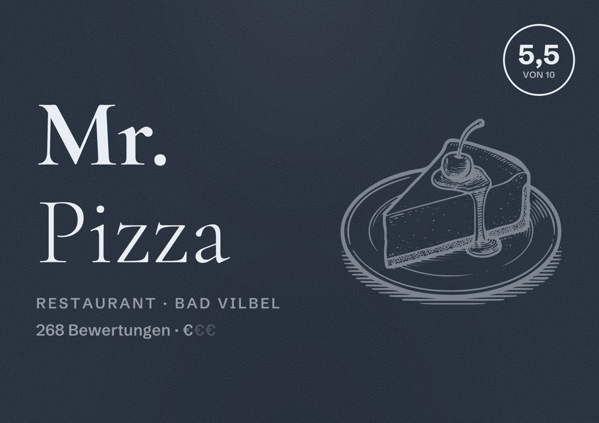 Illustriertes Poster von Mr. Pizza, Restaurant in Bad Vilbel: Bewertung 5,5 von 10 aus 268 Bewertungen, Preisniveau €