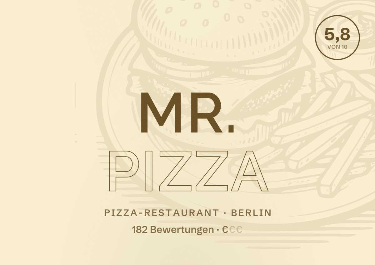 Illustriertes Poster von Mr. Pizza, Pizza-Restaurant in Berlin: Bewertung 5,8 von 10 aus 182 Bewertungen, Preisniveau €