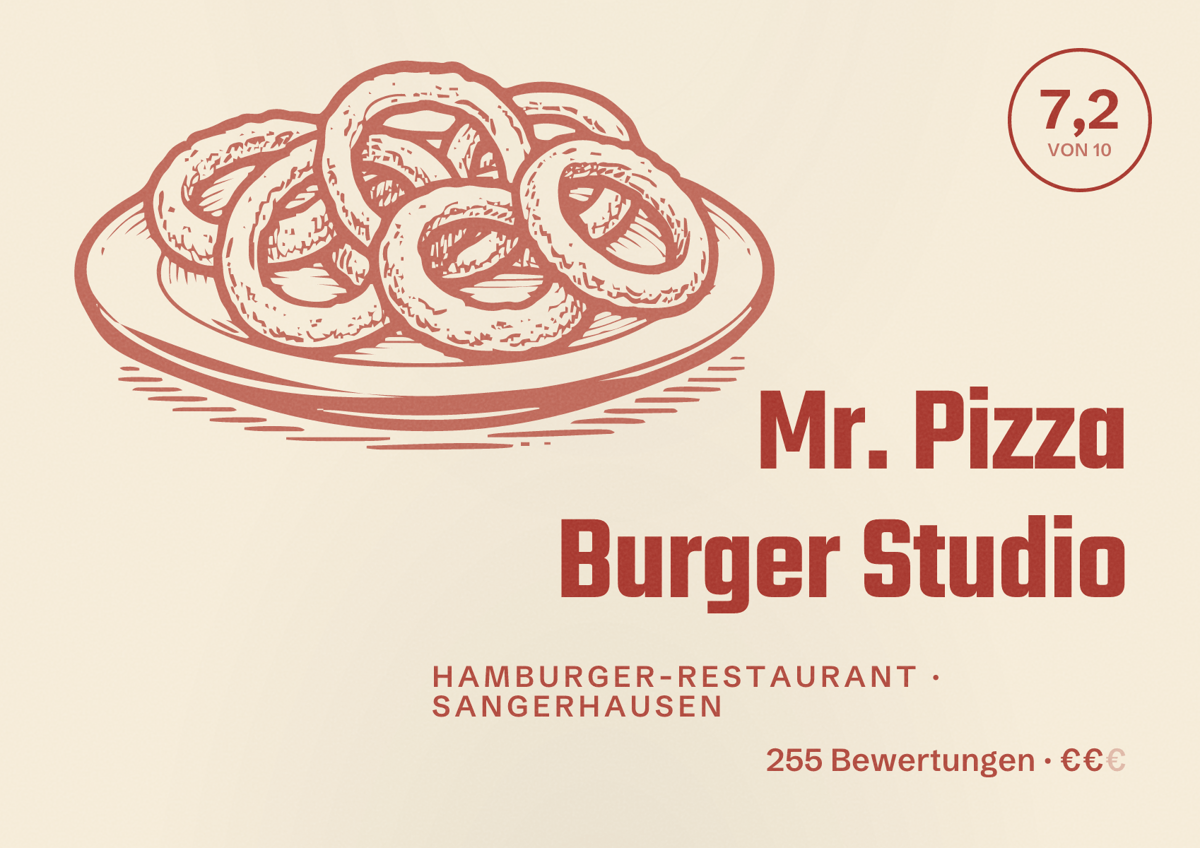 Illustriertes Poster von Mr. Pizza Burger Studio, Hamburger-Restaurant in Sangerhausen: Bewertung 7,2 von 10 aus 255 Bewertungen, Preisniveau €€