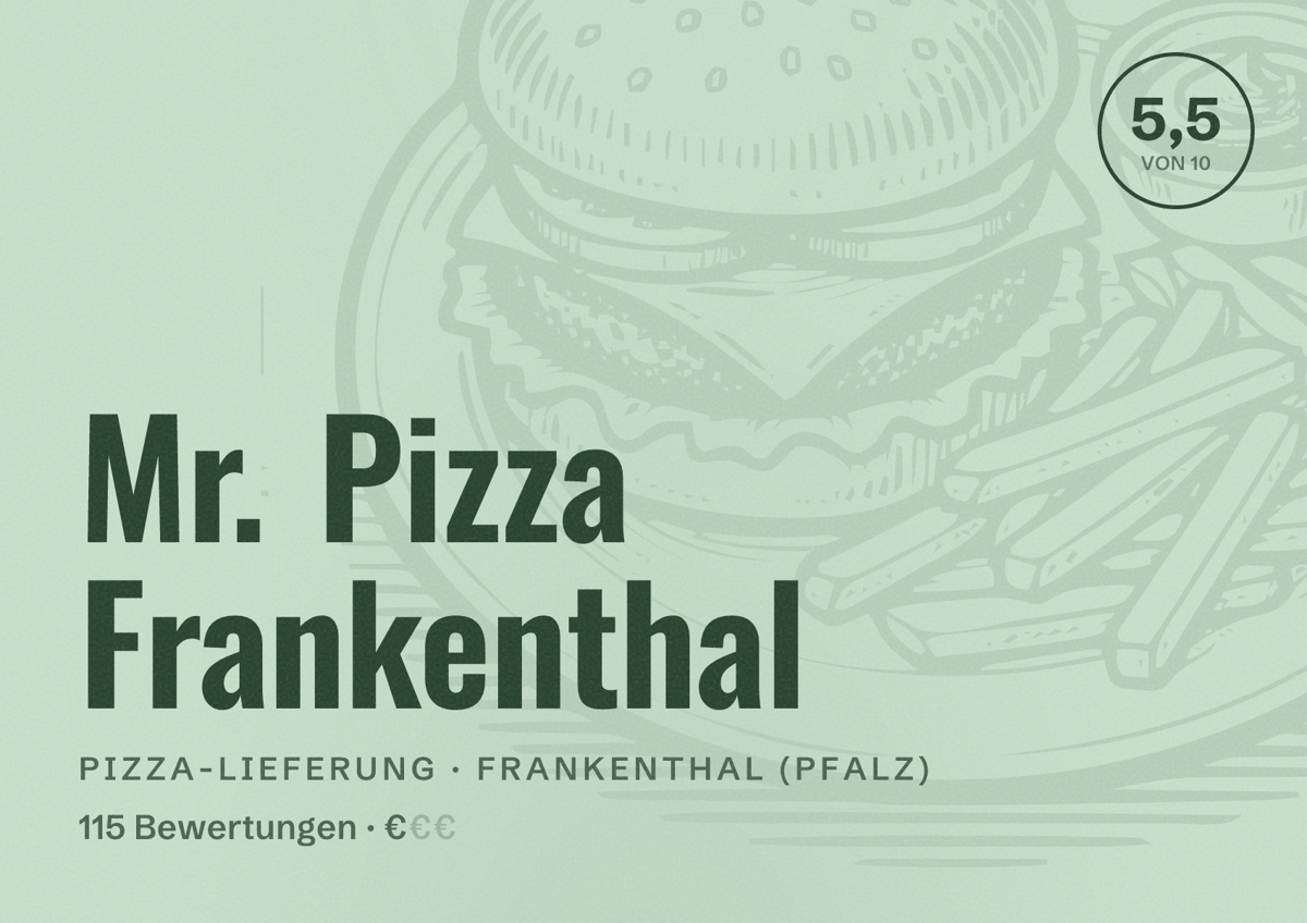Illustriertes Poster von Mr. Pizza Frankenthal, Pizza-Lieferung in Frankenthal (Pfalz): Bewertung 5,5 von 10 aus 115 Bewertungen, Preisniveau €