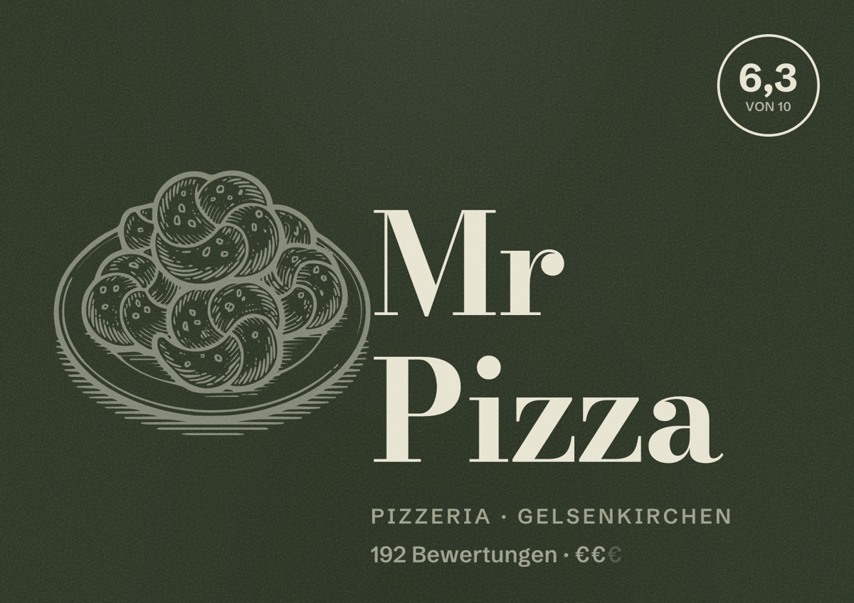 Illustriertes Poster von Mr Pizza, Pizzeria in Gelsenkirchen: Bewertung 6,3 von 10 aus 192 Bewertungen, Preisniveau €€