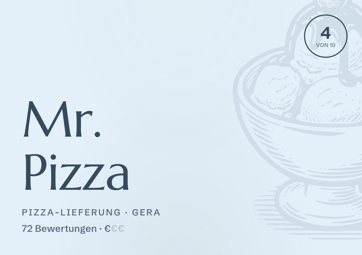 Illustriertes Poster von Mr. Pizza, Pizza-Lieferung in Gera: Bewertung 4 von 10 aus 72 Bewertungen, Preisniveau €