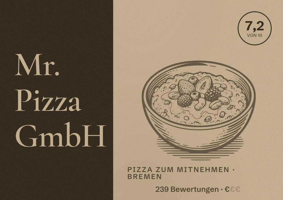 Illustriertes Poster von Mr. Pizza GmbH, Pizza zum Mitnehmen in Bremen: Bewertung 7,2 von 10 aus 239 Bewertungen, Preisniveau €