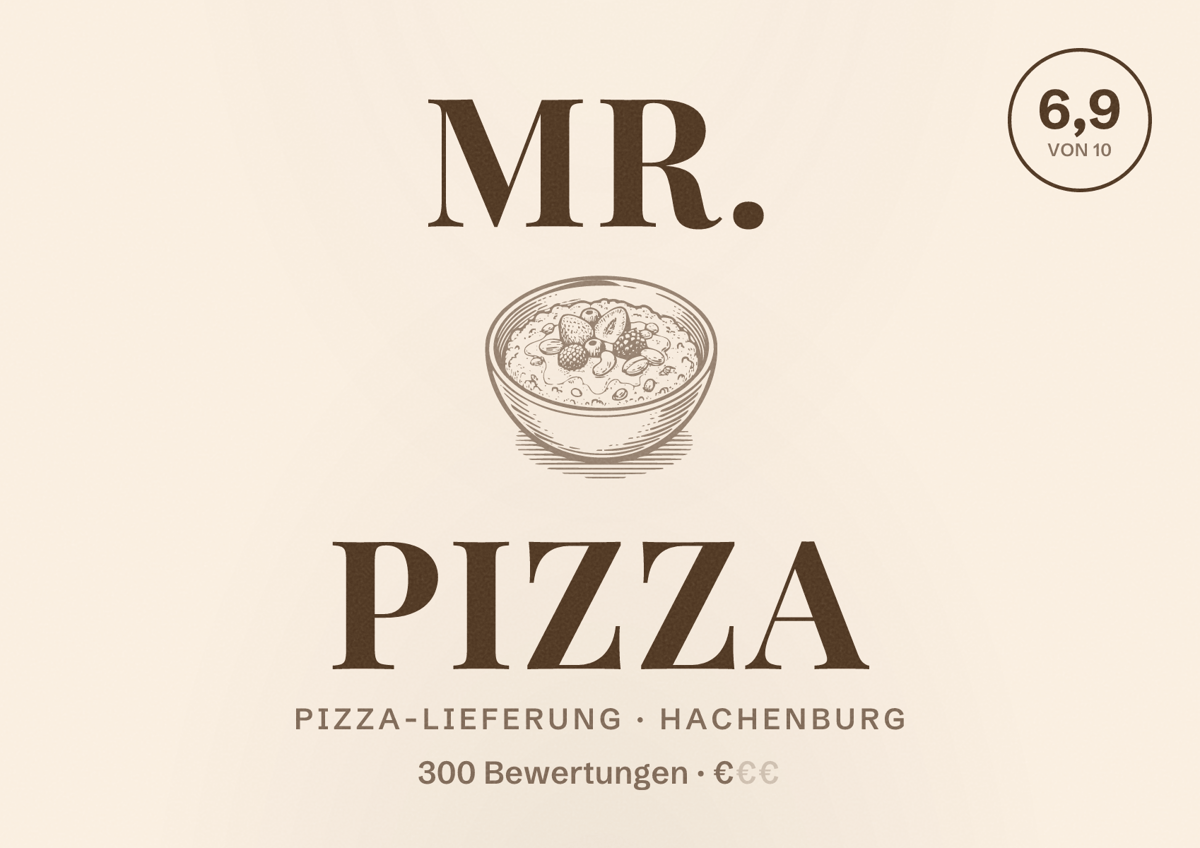 Illustriertes Poster von Mr. Pizza, Pizza-Lieferung in Hachenburg: Bewertung 6,9 von 10 aus 300 Bewertungen, Preisniveau €
