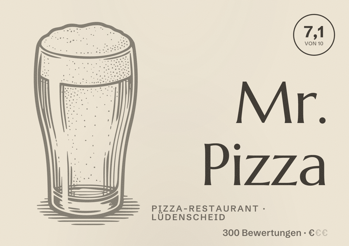 Illustriertes Poster von Mr. Pizza, Pizza-Restaurant in Lüdenscheid: Bewertung 7,1 von 10 aus 300 Bewertungen, Preisniveau €