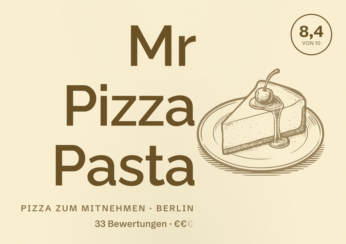 Illustriertes Poster von Mr Pizza Pasta, Pizza zum Mitnehmen in Berlin: Bewertung 8,4 von 10 aus 33 Bewertungen, Preisniveau €€