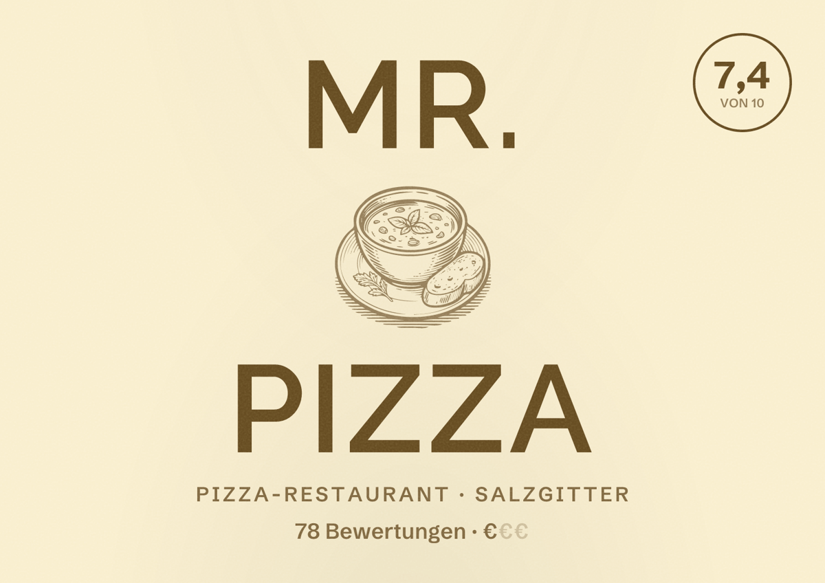 Illustriertes Poster von Mr. Pizza, Pizza-Restaurant in Salzgitter: Bewertung 7,4 von 10 aus 78 Bewertungen, Preisniveau €