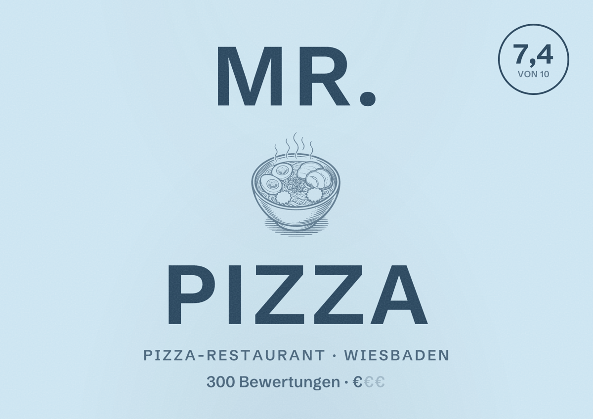 Illustriertes Poster von Mr. Pizza, Pizza-Restaurant in Wiesbaden: Bewertung 7,4 von 10 aus 300 Bewertungen, Preisniveau €