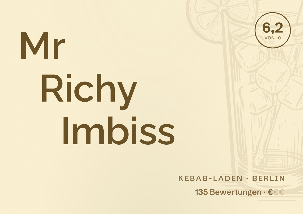 Illustriertes Poster von Mr Richy Imbiss, Kebab-Laden in Berlin: Bewertung 6,2 von 10 aus 135 Bewertungen, Preisniveau €