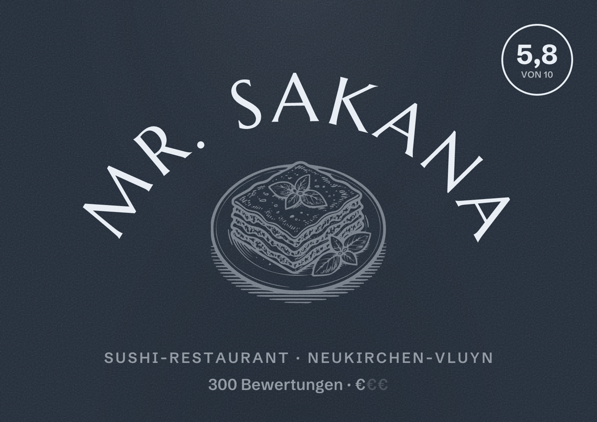 Illustriertes Poster von Mr. Sakana, Sushi-Restaurant in Neukirchen-Vluyn: Bewertung 5,8 von 10 aus 300 Bewertungen, Preisniveau €
