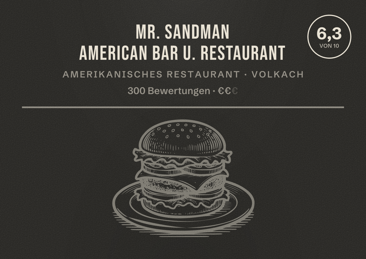 Illustriertes Poster von Mr. Sandman American Bar u. Restaurant, Amerikanisches Restaurant in Volkach: Bewertung 6,3 von 10 aus 300 Bewertungen, Preisniveau €€