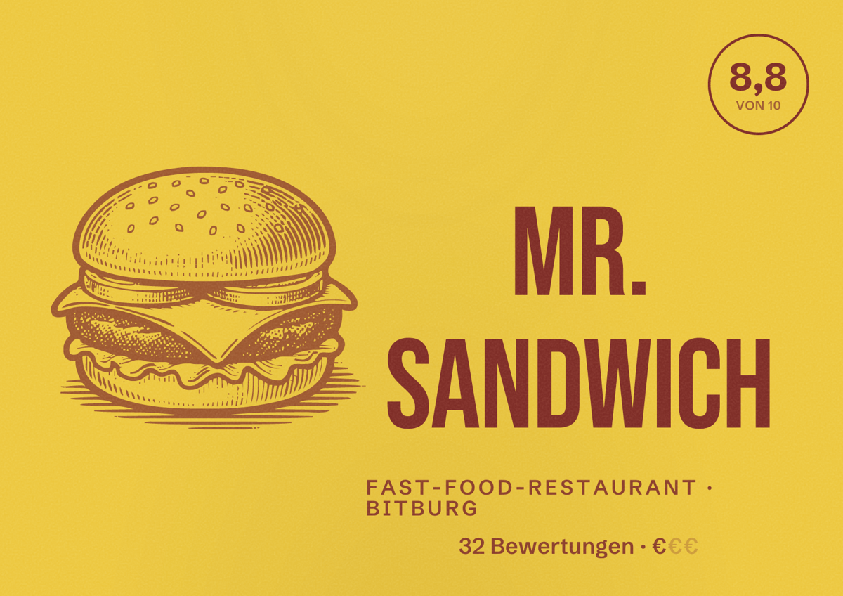 Illustriertes Poster von Mr. Sandwich, Fast-Food-Restaurant in Bitburg: Bewertung 8,8 von 10 aus 32 Bewertungen, Preisniveau €