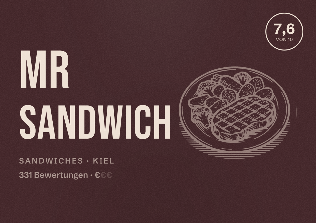 Illustriertes Poster von Mr Sandwich, Sandwiches in Kiel: Bewertung 7,6 von 10 aus 331 Bewertungen, Preisniveau €