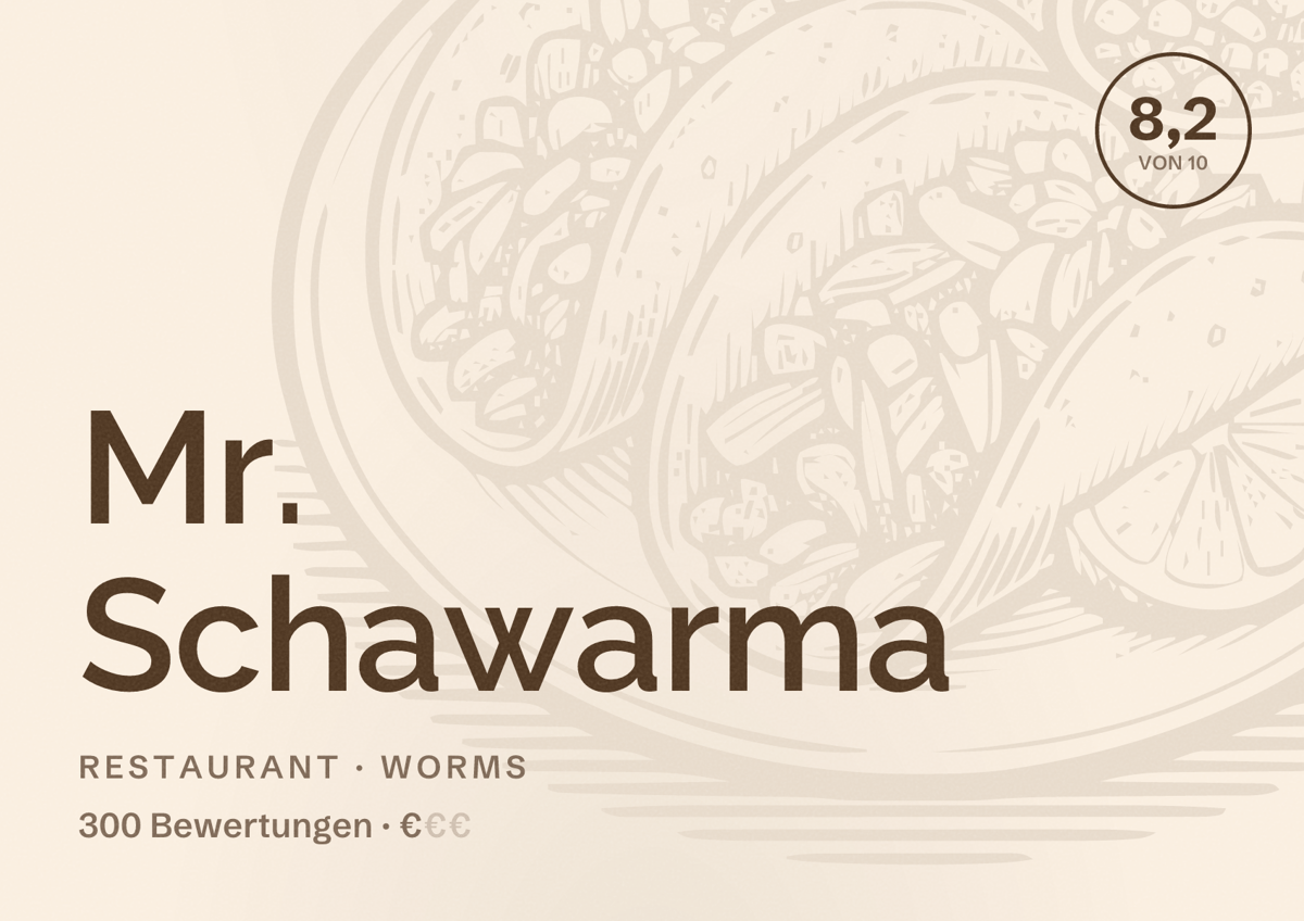 Illustriertes Poster von Mr. Schawarma, Restaurant in Worms: Bewertung 8,2 von 10 aus 300 Bewertungen, Preisniveau €