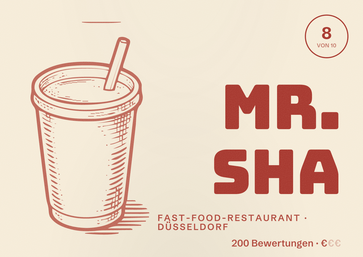 Illustriertes Poster von Mr. SHA, Fast-Food-Restaurant in Düsseldorf: Bewertung 8,0 von 10 aus 200 Bewertungen, Preisniveau €