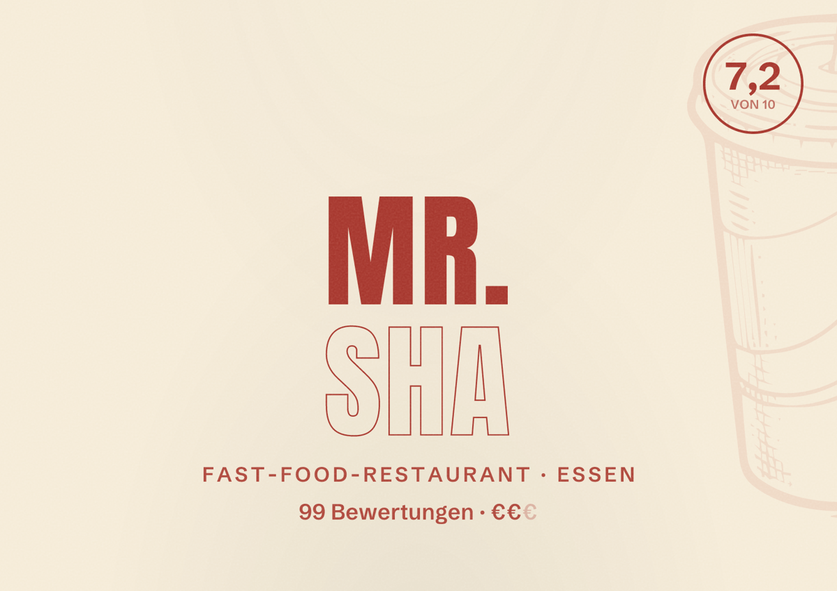 Illustriertes Poster von Mr. SHA, Fast-Food-Restaurant in Essen: Bewertung 7,2 von 10 aus 99 Bewertungen, Preisniveau €€