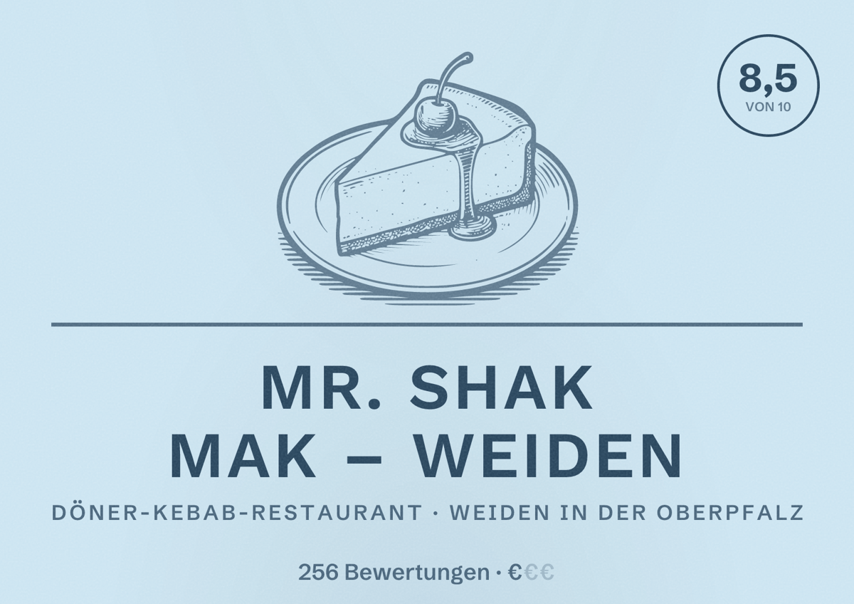 Illustriertes Poster von Mr. Shak Mak – Weiden, Döner-Kebab-Restaurant in Weiden in der Oberpfalz: Bewertung 8,5 von 10 aus 256 Bewertungen, Preisniveau €