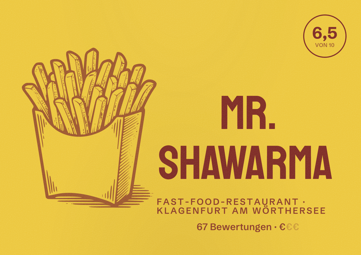 Illustriertes Poster von Mr. Shawarma, Fast-Food-Restaurant in Klagenfurt am Wörthersee: Bewertung 6,5 von 10 aus 67 Bewertungen, Preisniveau €
