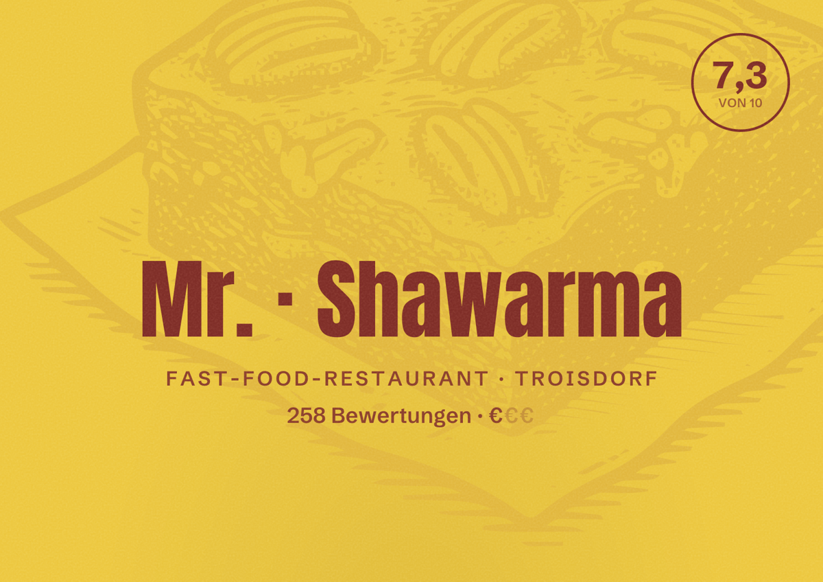 Illustriertes Poster von Mr. Shawarma, Fast-Food-Restaurant in Troisdorf: Bewertung 7,3 von 10 aus 258 Bewertungen, Preisniveau €