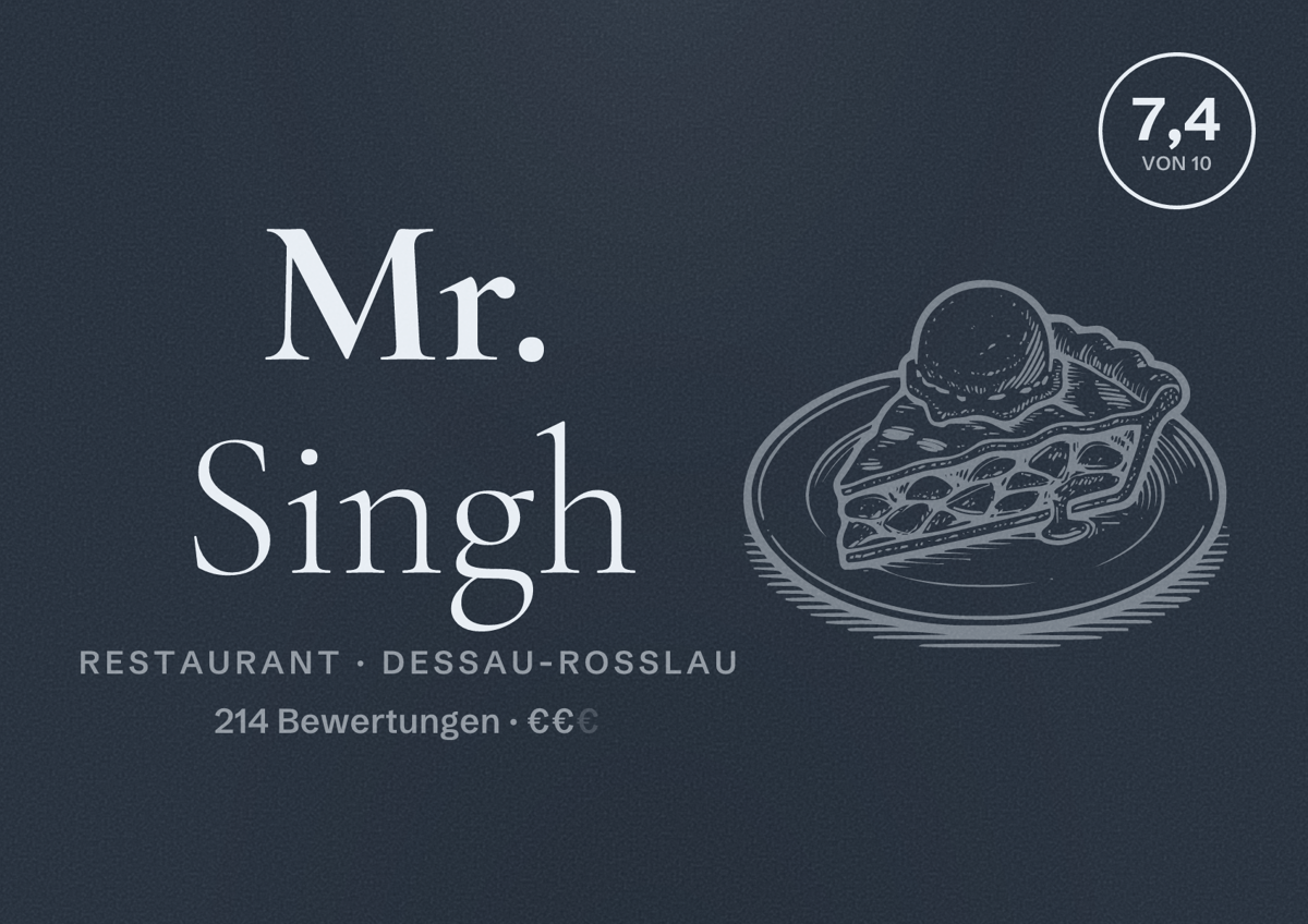Illustriertes Poster von Mr. Singh, Restaurant in Dessau-Roßlau: Bewertung 7,4 von 10 aus 214 Bewertungen, Preisniveau €€