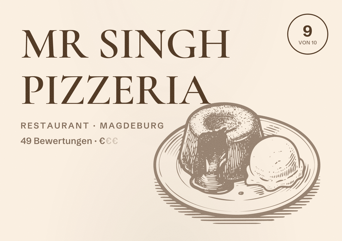 Illustriertes Poster von MR SINGH PIZZERIA, Restaurant in Magdeburg: Bewertung 9,0 von 10 aus 49 Bewertungen, Preisniveau €