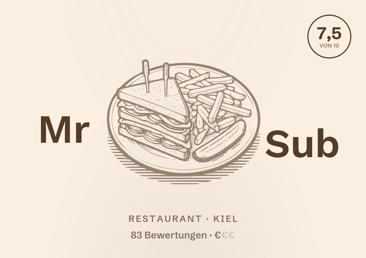 Illustriertes Poster von Mr Sub, Restaurant in Kiel: Bewertung 7,5 von 10 aus 83 Bewertungen, Preisniveau €