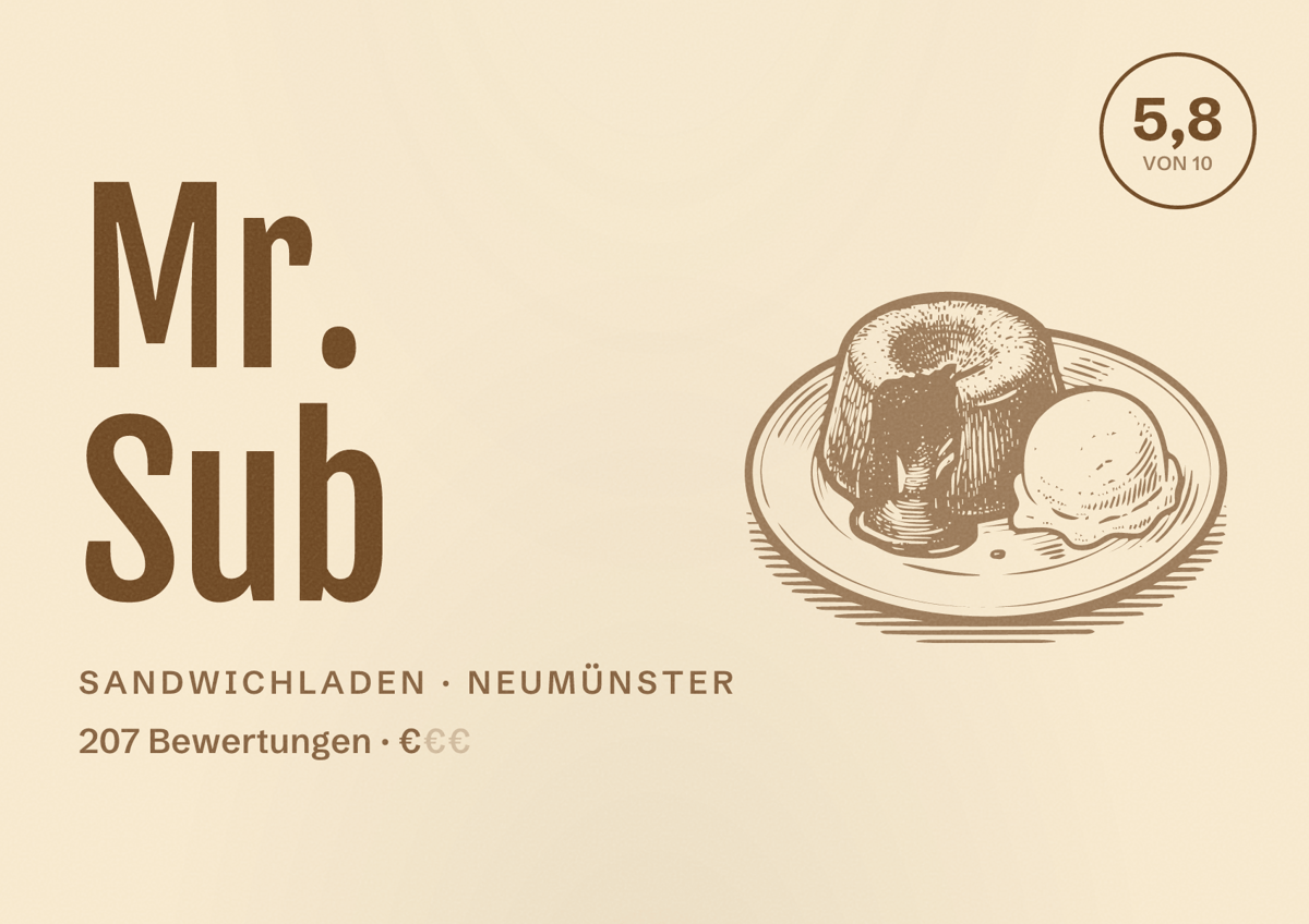 Illustriertes Poster von Mr. Sub, Sandwichladen in Neumünster: Bewertung 5,8 von 10 aus 207 Bewertungen, Preisniveau €