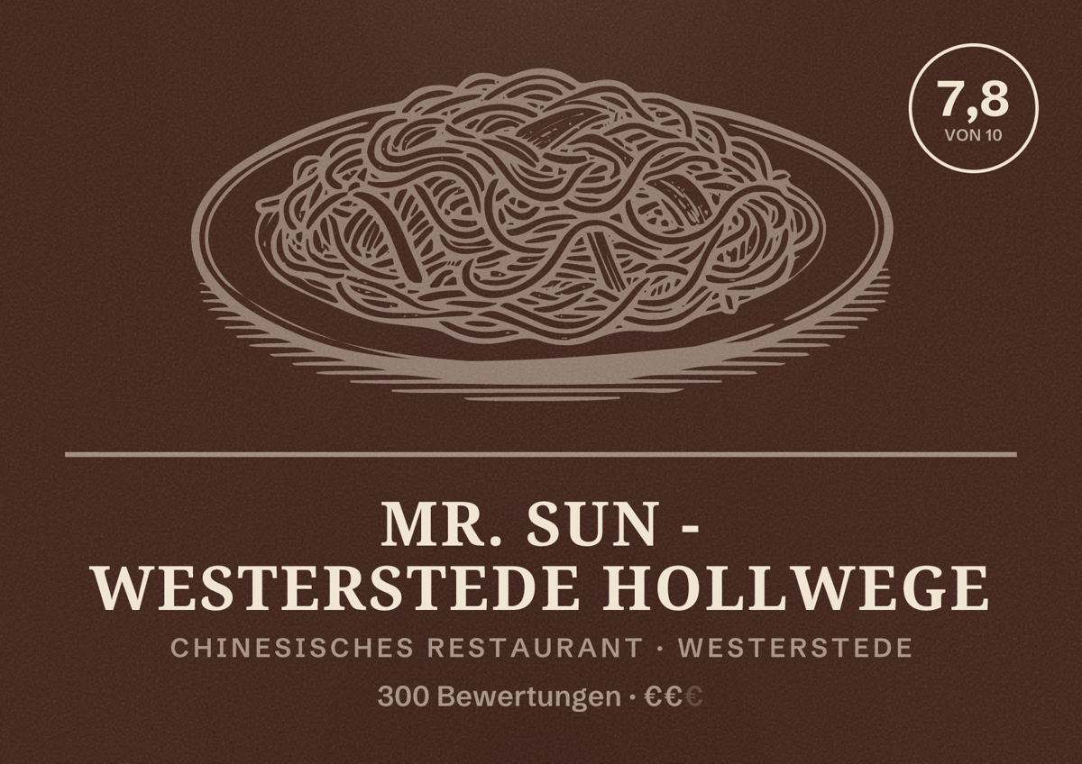 Illustriertes Poster von Mr. Sun - Westerstede Hollwege, Chinesisches Restaurant in Westerstede: Bewertung 7,8 von 10 aus 300 Bewertungen, Preisniveau €€