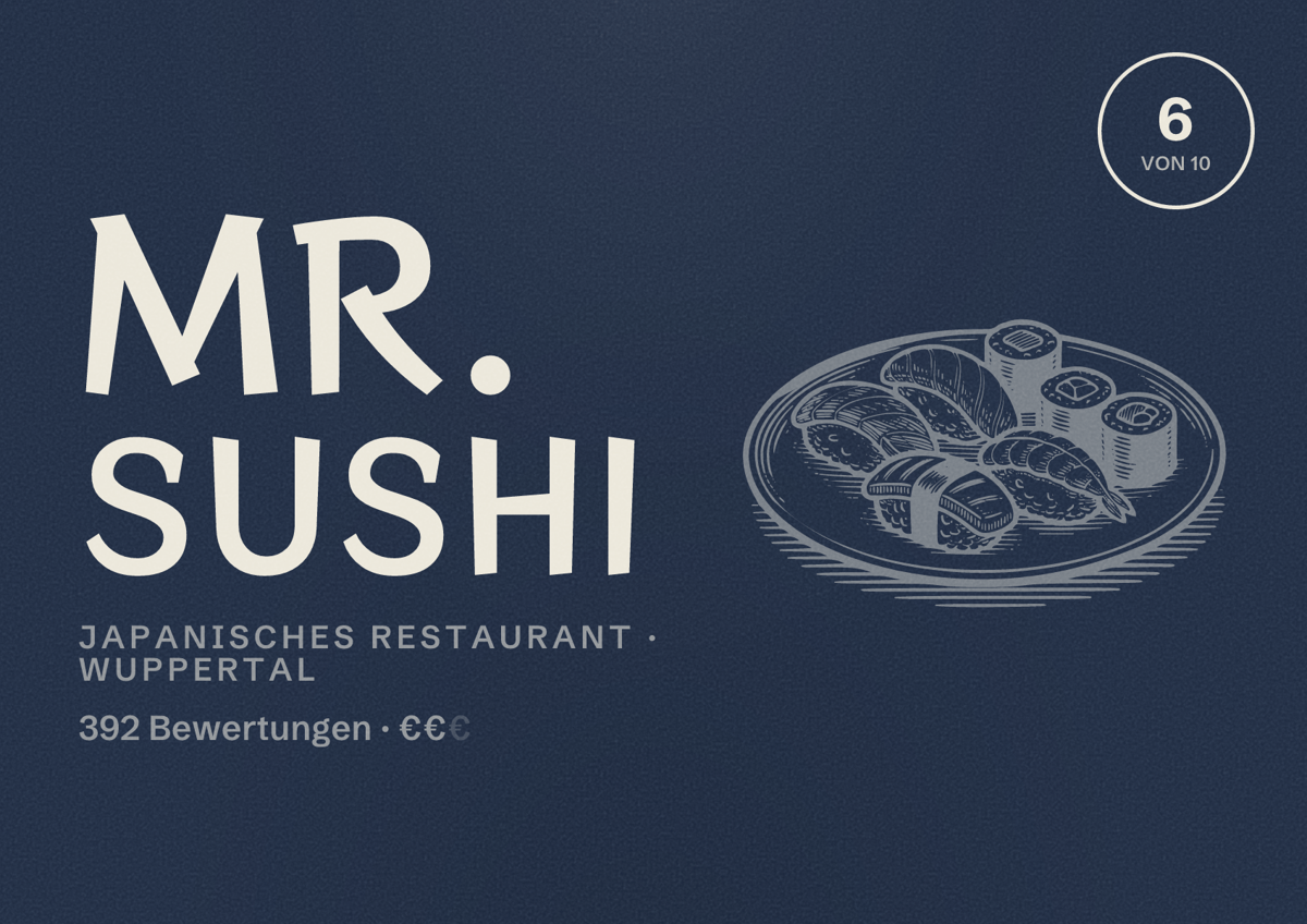 Illustriertes Poster von Mr. Sushi, Japanisches Restaurant in Wuppertal: Bewertung 6 von 10 aus 392 Bewertungen, Preisniveau €€