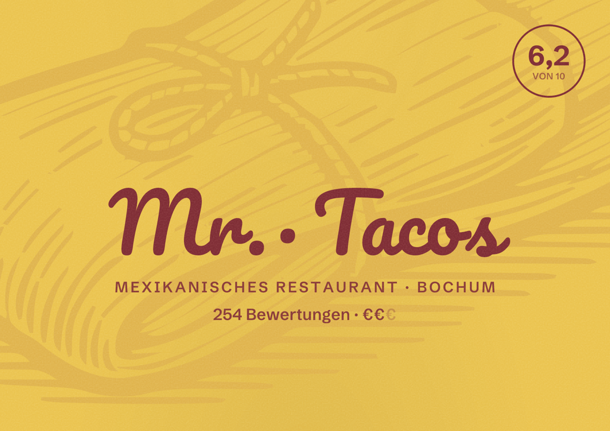 Illustriertes Poster von Mr. Tacos, Mexikanisches Restaurant in Bochum: Bewertung 6,2 von 10 aus 254 Bewertungen, Preisniveau €€