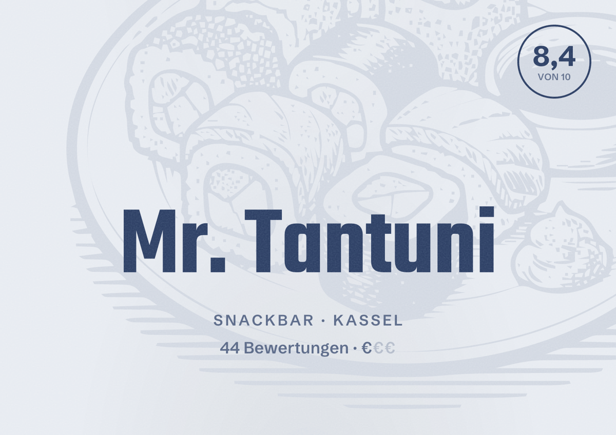 Illustriertes Poster von Mr. Tantuni, Snackbar in Kassel: Bewertung 8,4 von 10 aus 44 Bewertungen, Preisniveau €