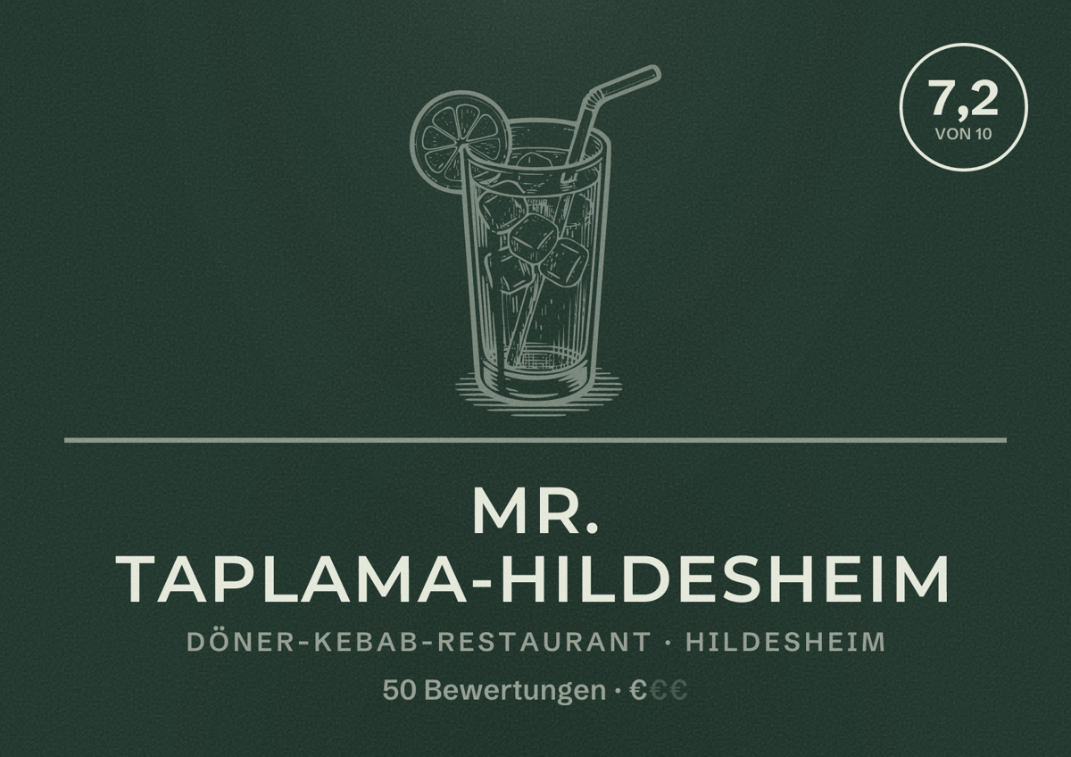Illustriertes Poster von Mr. Taplama-Hildesheim, Döner-Kebab-Restaurant in Hildesheim: Bewertung 7,2 von 10 aus 50 Bewertungen, Preisniveau €