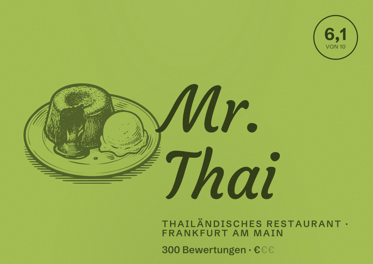 Illustriertes Poster von Mr. Thai, Thailändisches Restaurant in Frankfurt am Main: Bewertung 6,1 von 10 aus 300 Bewertungen, Preisniveau €