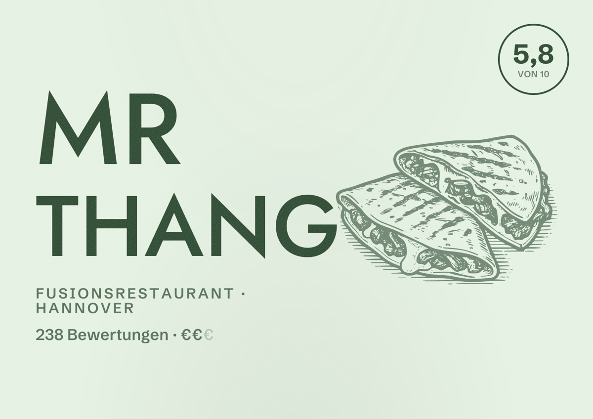 Illustriertes Poster von Mr Thang, Fusionsrestaurant in Hannover: Bewertung 5,8 von 10 aus 238 Bewertungen, Preisniveau €€