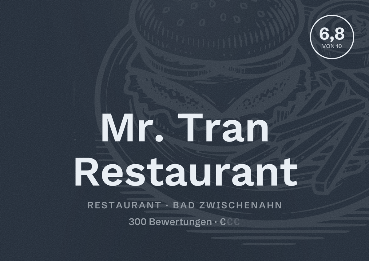 Illustriertes Poster von Mr. Tran Restaurant, Restaurant in Bad Zwischenahn: Bewertung 6,8 von 10 aus 300 Bewertungen, Preisniveau €