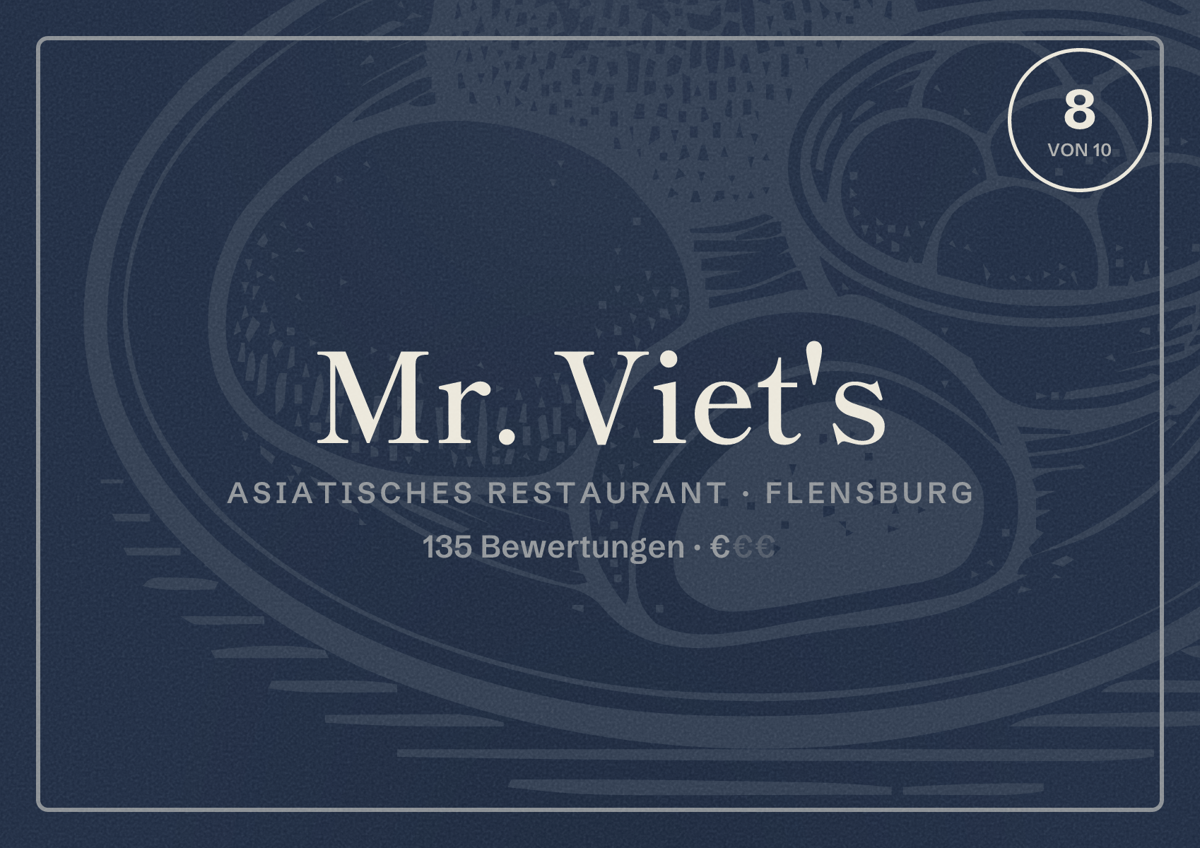 Illustriertes Poster von Mr. Viet's, Asiatisches Restaurant in Flensburg: Bewertung 8 von 10 aus 135 Bewertungen, Preisniveau €
