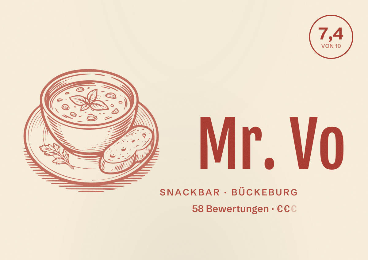 Illustriertes Poster von Mr. Vo, Snackbar in Bückeburg: Bewertung 7,4 von 10 aus 58 Bewertungen, Preisniveau €€