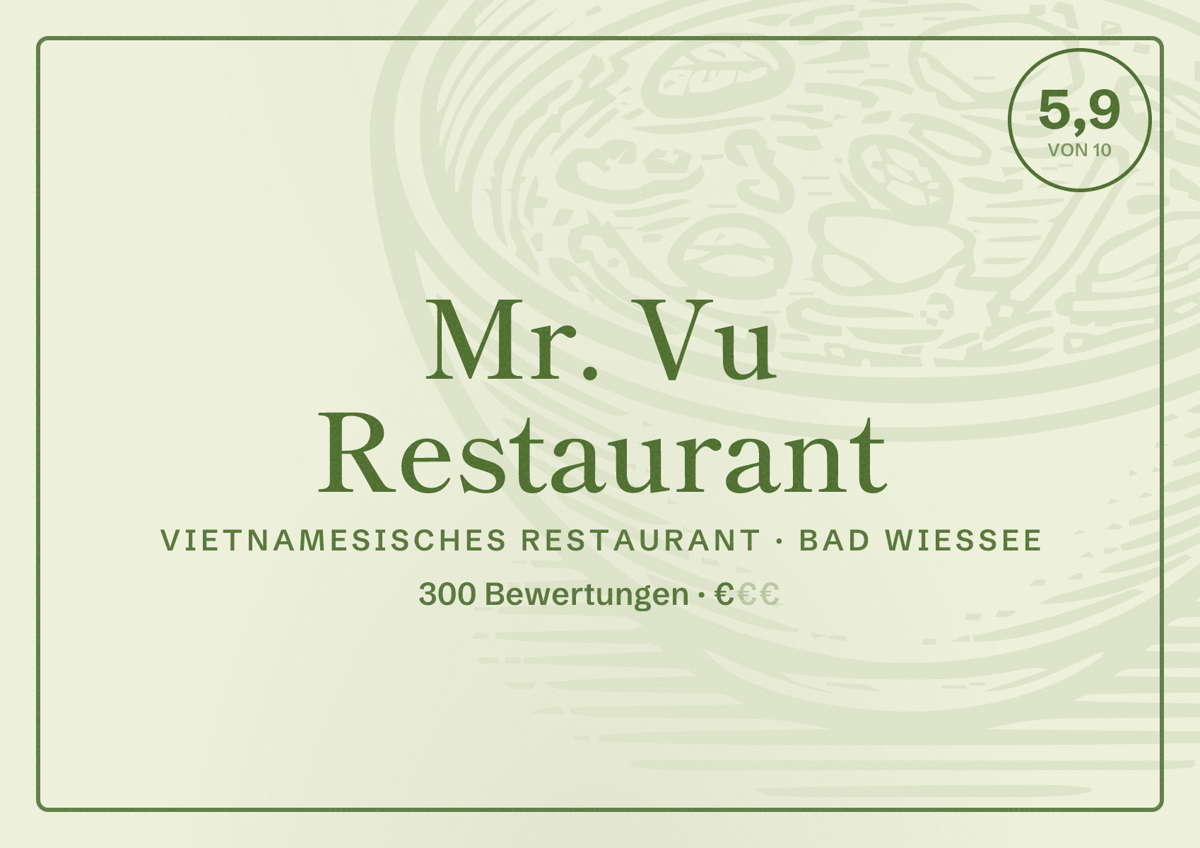 Illustriertes Poster von Mr. Vu Restaurant, Vietnamesisches Restaurant in Bad Wiessee: Bewertung 5,9 von 10 aus 300 Bewertungen, Preisniveau €